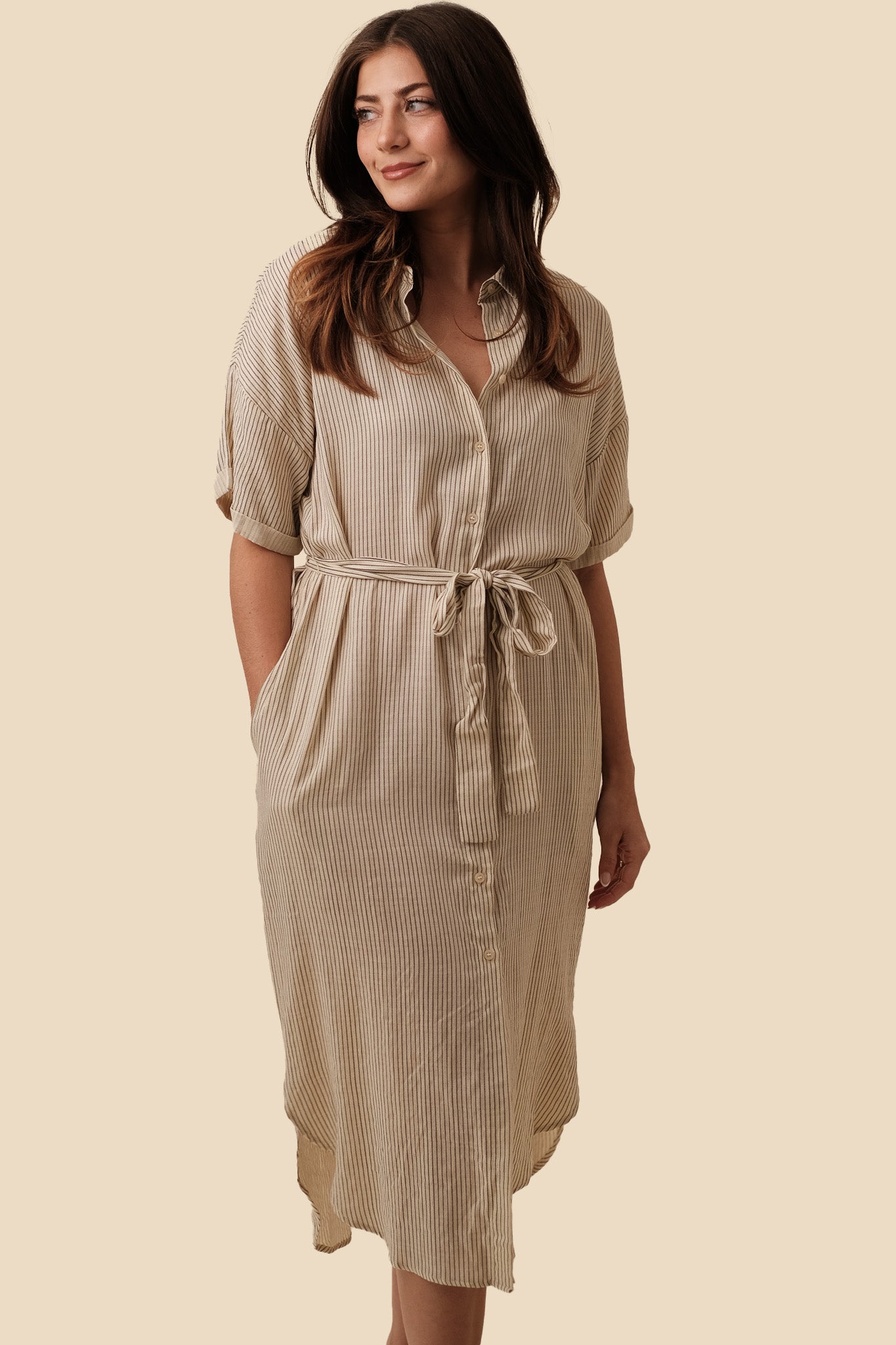 Things Between Kate Stripe Collared Midi Dress Beige Momni