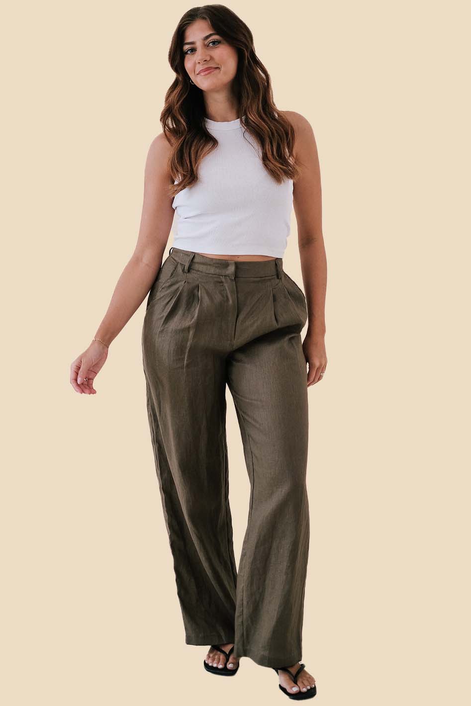 Lucy Paris Inara Olive Linen Pleated Wide Leg Pants