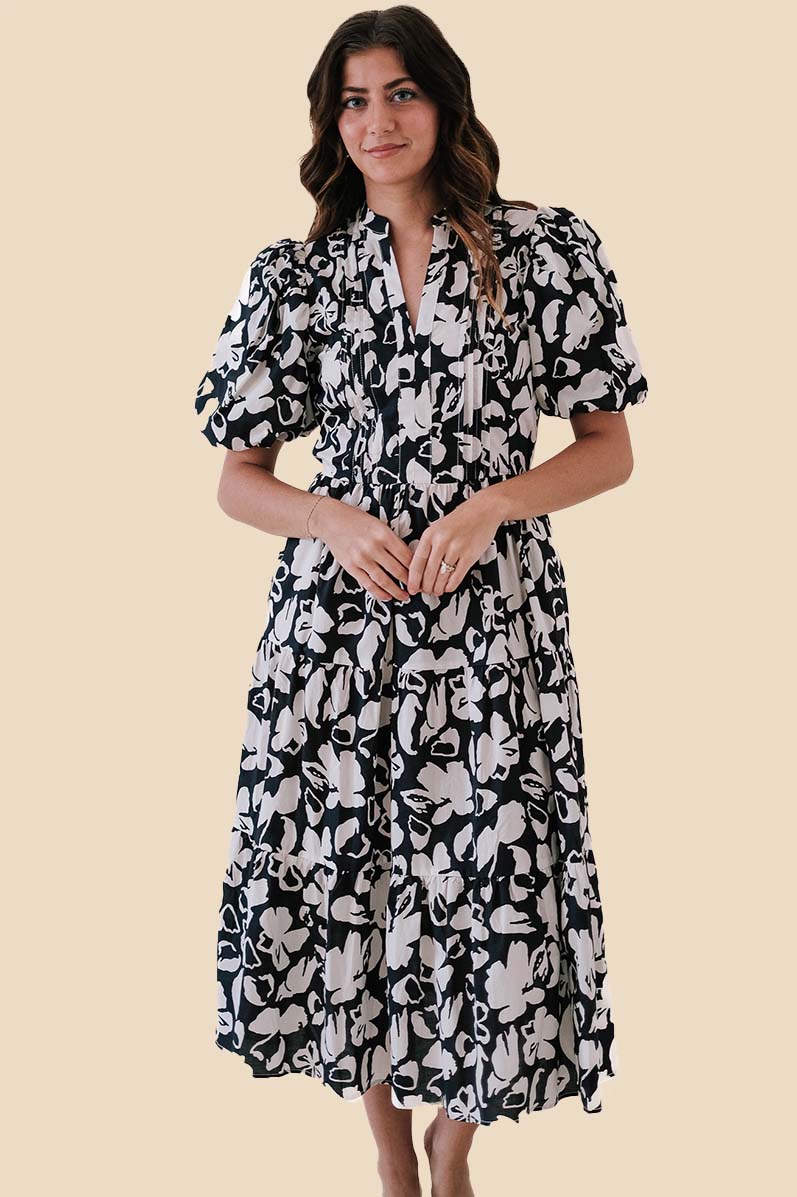 Floral Printed Midi Dress With Puff Sleeves In Mono, 53% OFF