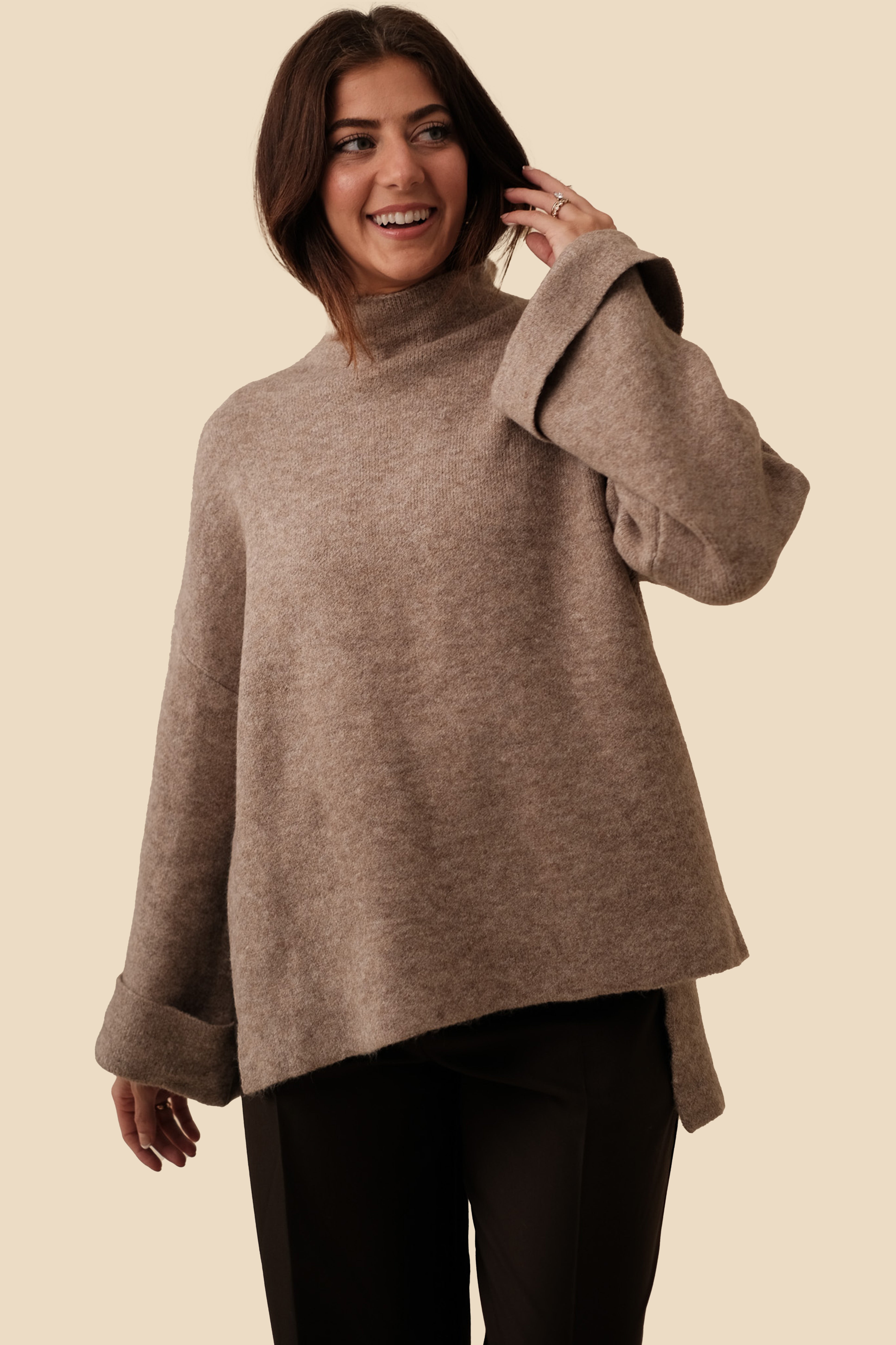 Women's grey turtleneck sweater, Melange modal cashmere turtleneck sweater