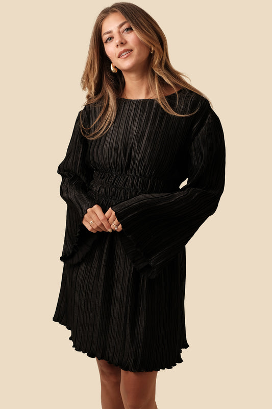 Zuri Black Pleated Flare Sleeve Mini Dress
