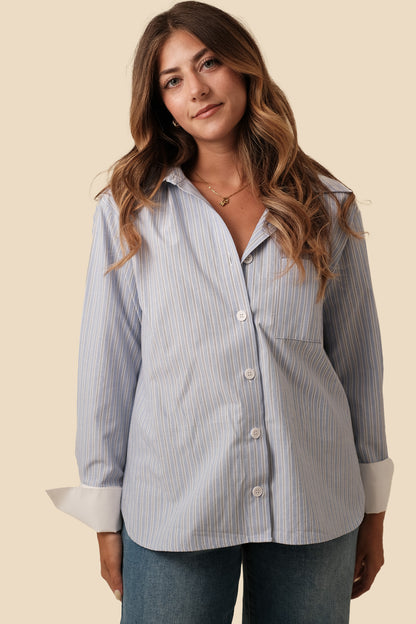 Needii Demi Blue Wide Cuff Striped Button Shirt