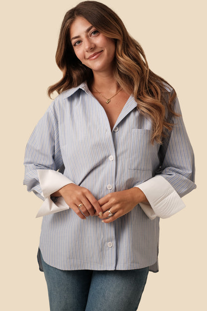 Needii Demi Blue Wide Cuff Striped Button Shirt