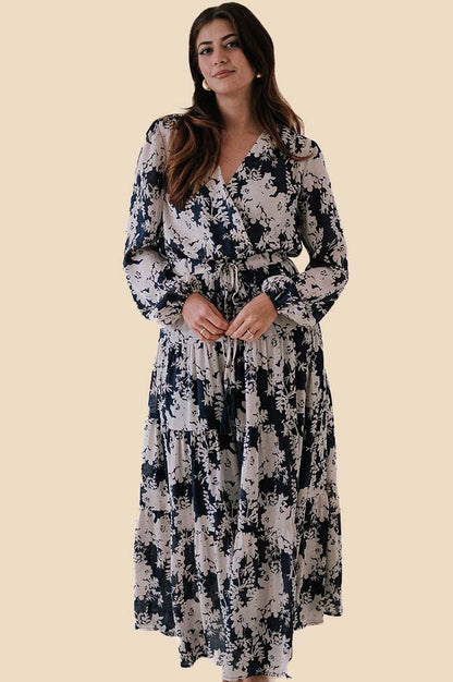 PINCH Valentina Deep Navy Floral Printed Crinkle Maxi Dress (S)