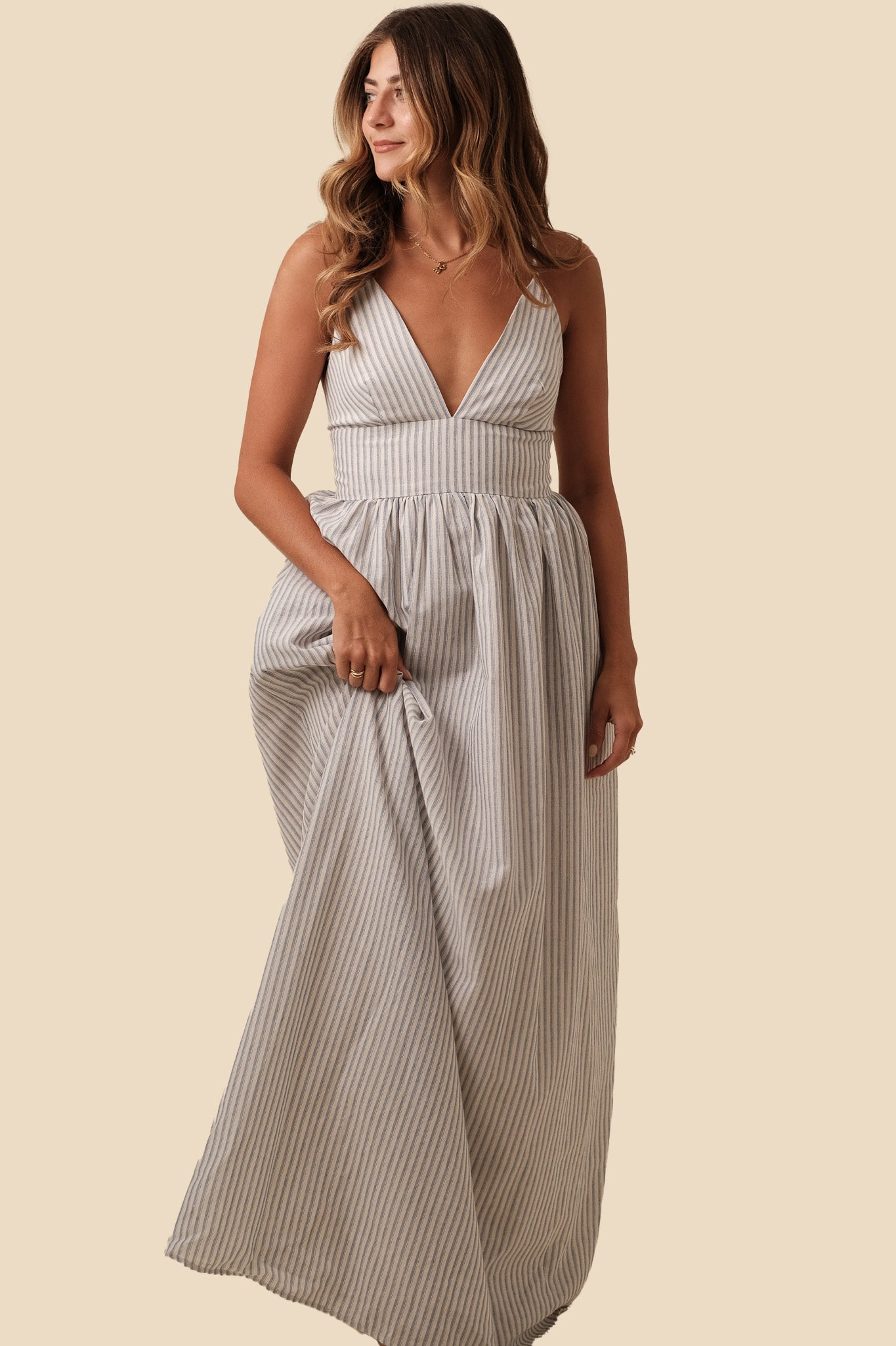 Winslow Blue Striped Deep V-Neckline Maxi Dress