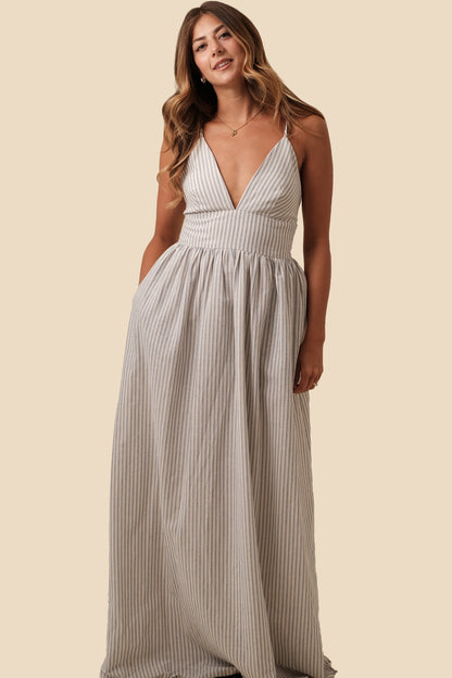 Winslow Blue Striped Deep V-Neckline Maxi Dress