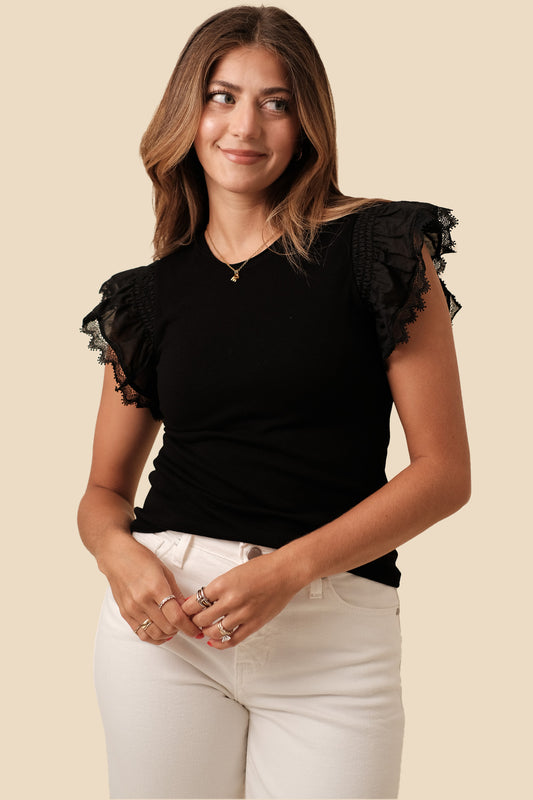 Current Air Victoria Eyelet Sleeve Ribbed Top (Black)