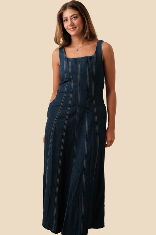 Miou Muse Chloe Dark Denim Boning Midi Dress