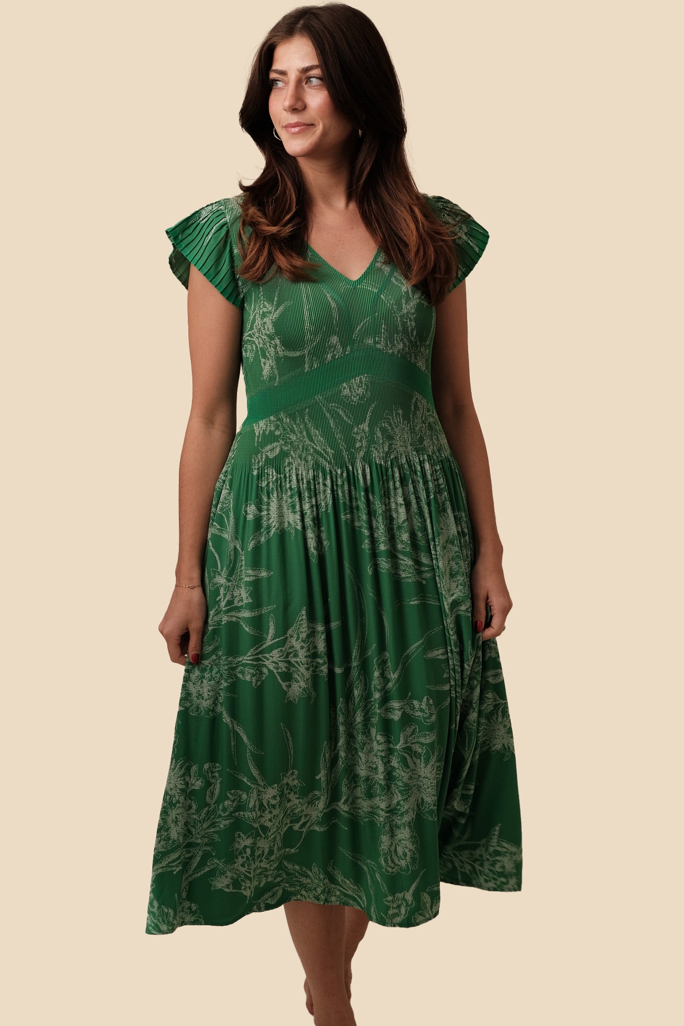 Emerald green floral pleated midi dress sale