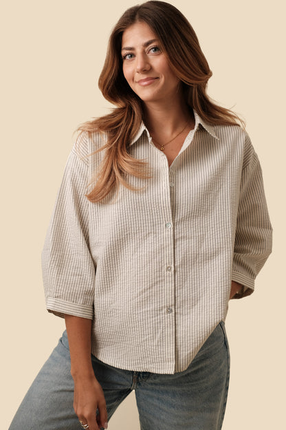 Sage Denim Blue Striped Relaxed Button Top (L)