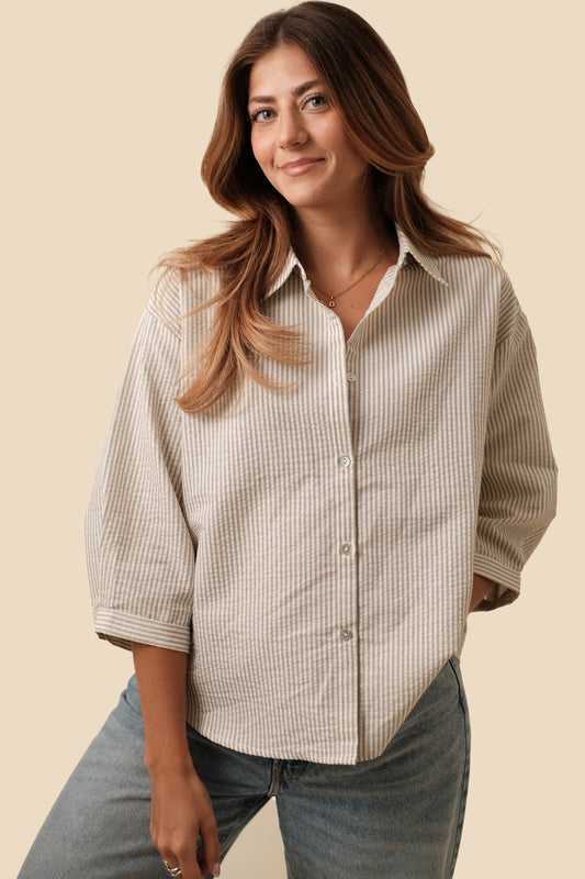 Sage Denim Blue Striped Relaxed Button Top