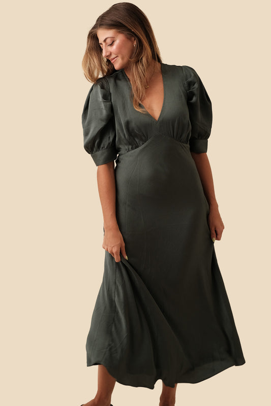 Current Air Bessie Puff Sleeve Midi Dress (Green)