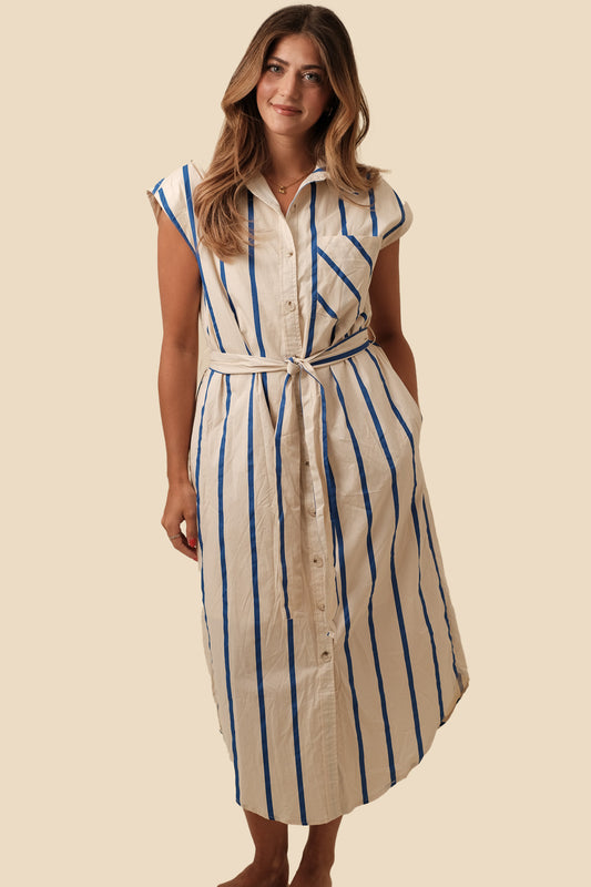 Thalia Blue Striped Button Collar Midi Dress