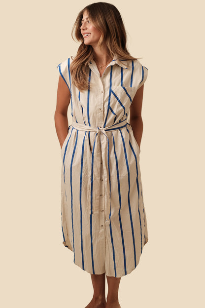 Thalia Blue Striped Button Collar Midi Dress