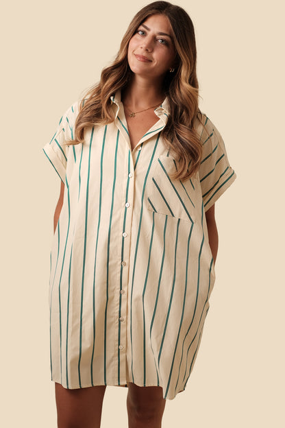 Winter Green Striped Cotton Buttoned Mini Dress