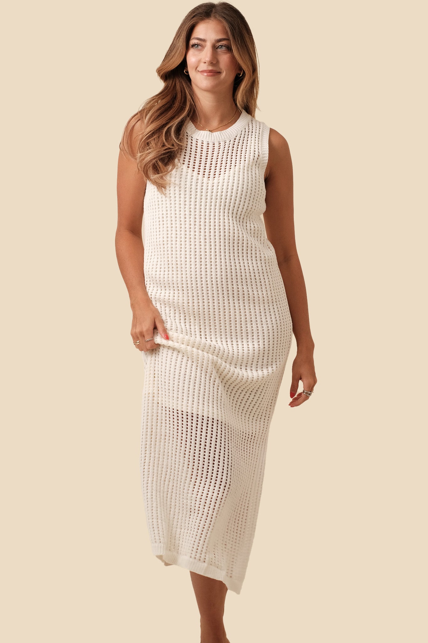 Taylor Cream Knit Eyelet Tank Midi Dress