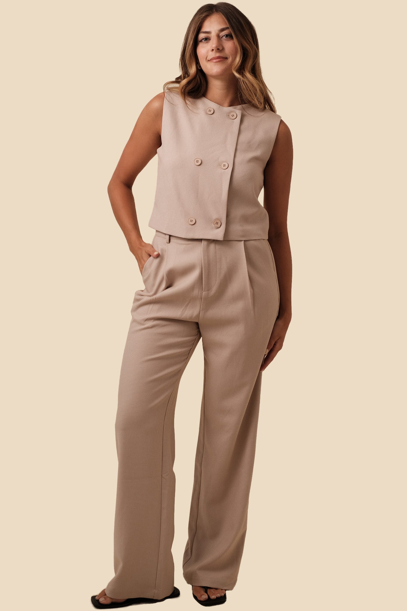 Needii Whitney Taupe Gingham Straight Leg Pants