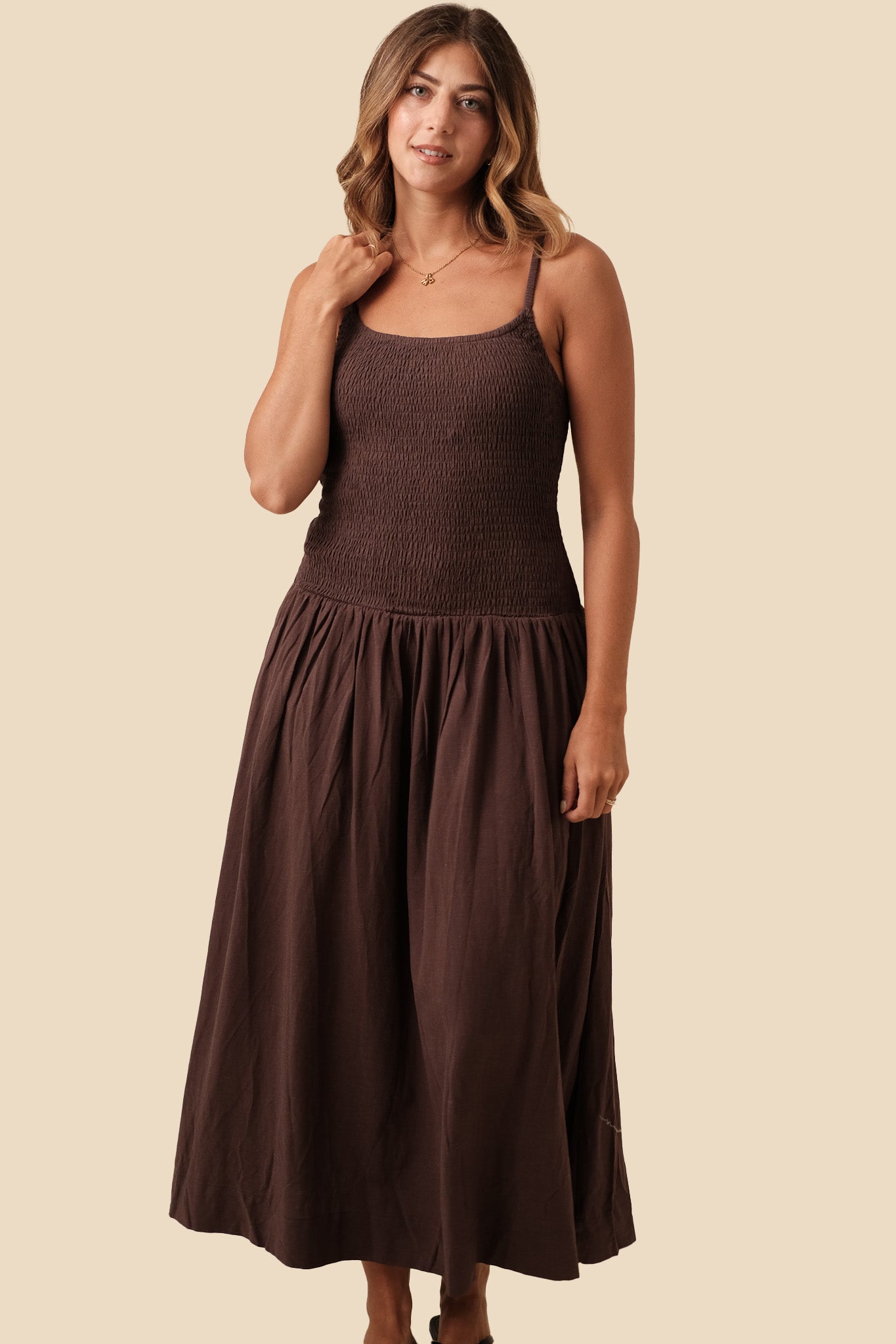 Marcella Chestnut Linen Smocked Midi Dress