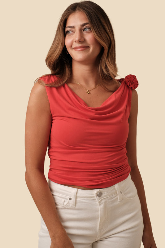 Kacey Red Cowl Neck Rose Top