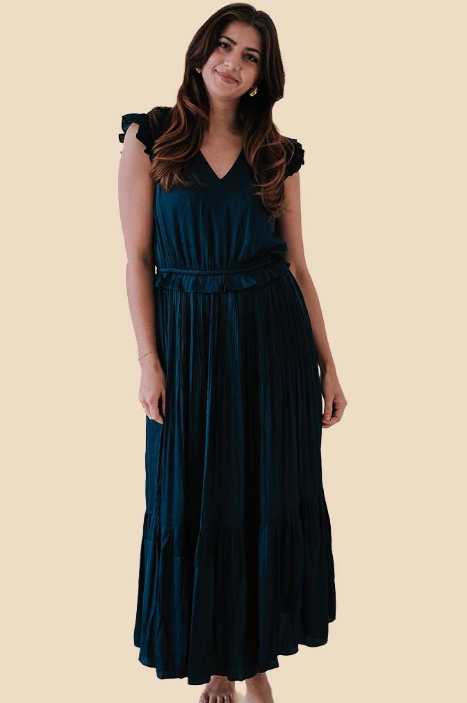 Current Air Ursula Ruffled Flutter Sleeve Midi Dress (Navy)