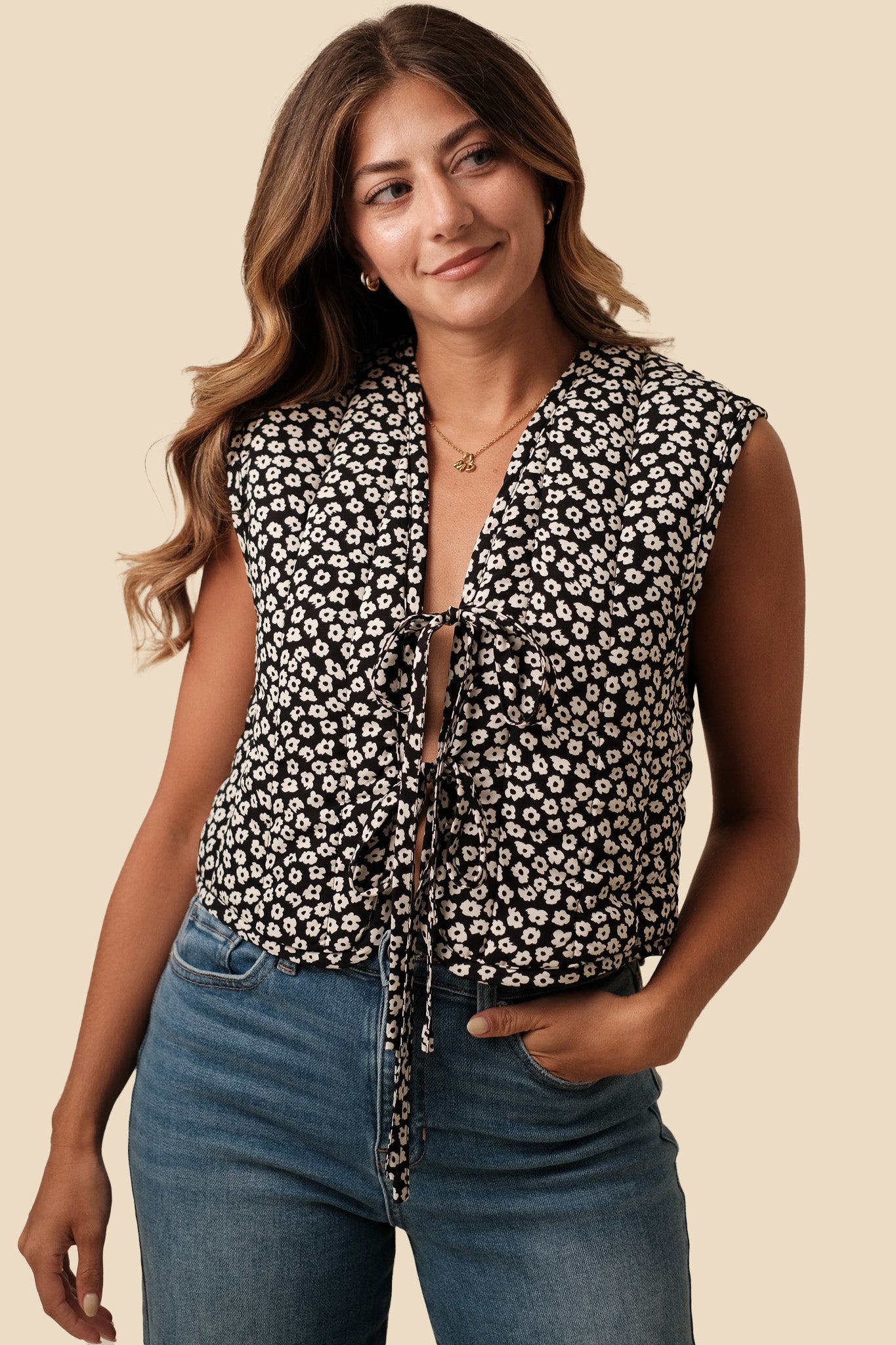 Things Between Wren Black Floral Cropped Tie Vest