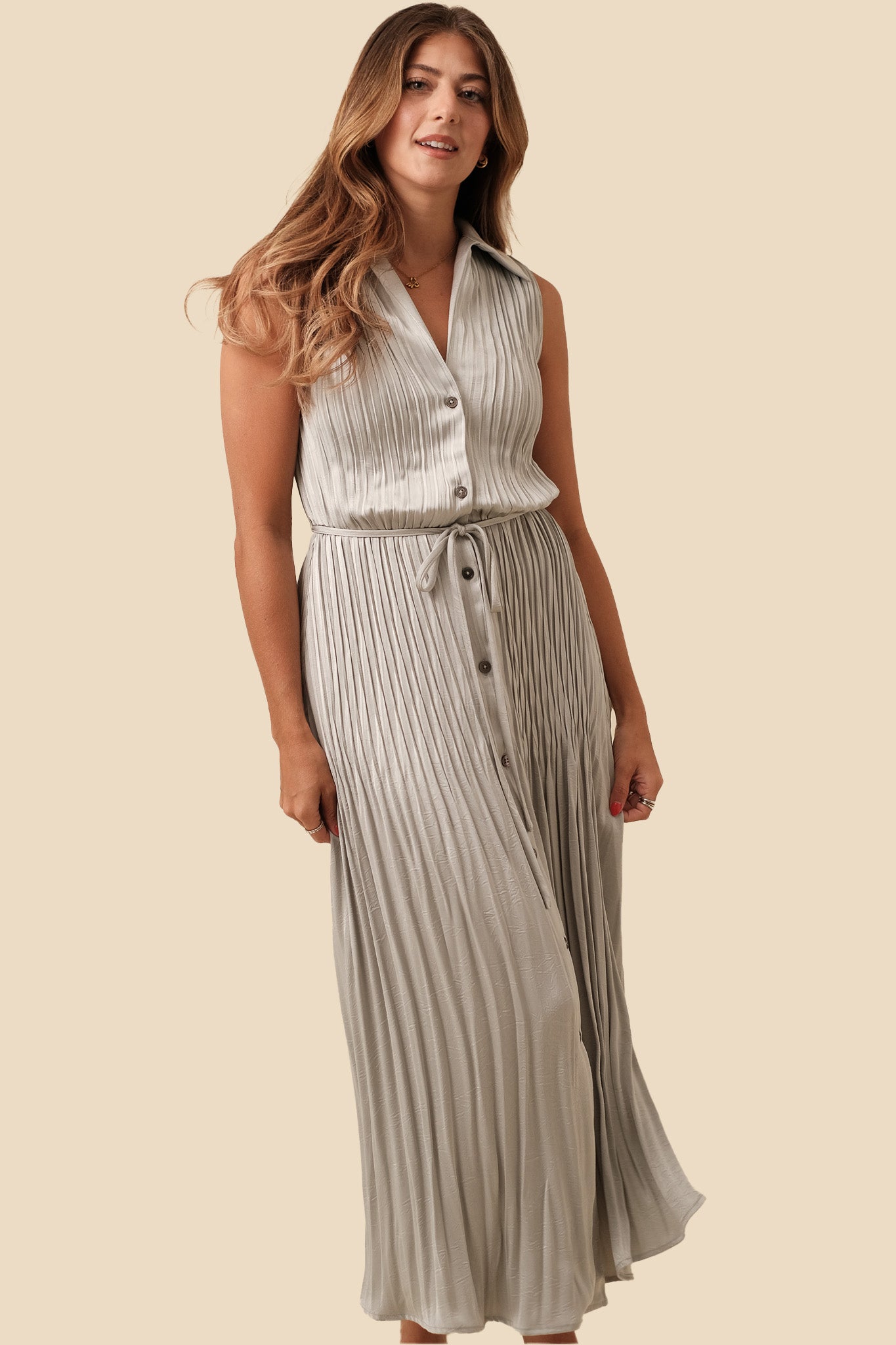 Current Air Vivian Plisse Buttoned Midi Dress (Sage)