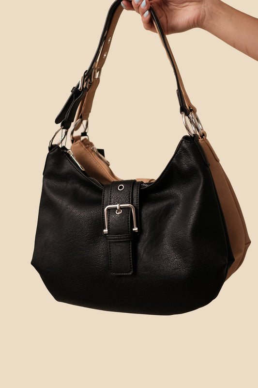 Buckled Hobo Shoulder Bag (Black)