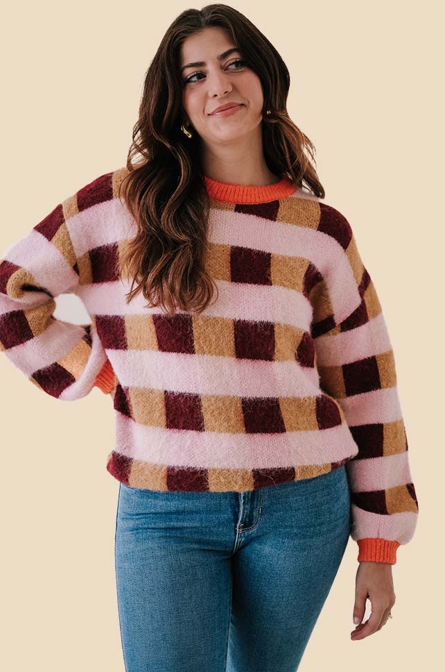 FRNCH Malorine Rose Bold Gingham Knit Pullover Sweater