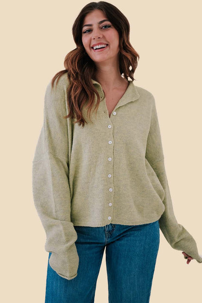 Things Between Virginia Knit Rolled Hem Button Cardigan (Green) L