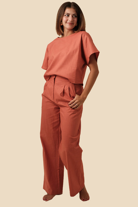 Lucy Paris Burnt Orange Joey Linen Pleated Pants