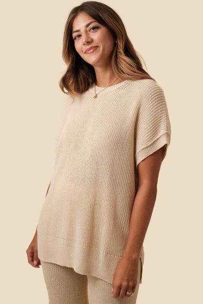 Miou Muse Wesley Beige Woven Knit Oversized Top