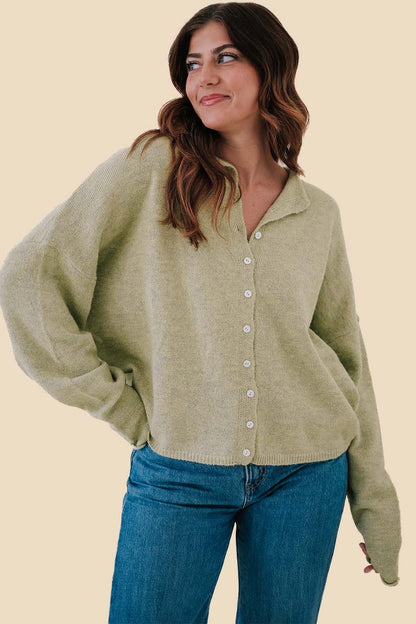 Things Between Virginia Knit Rolled Hem Button Cardigan (Green) L