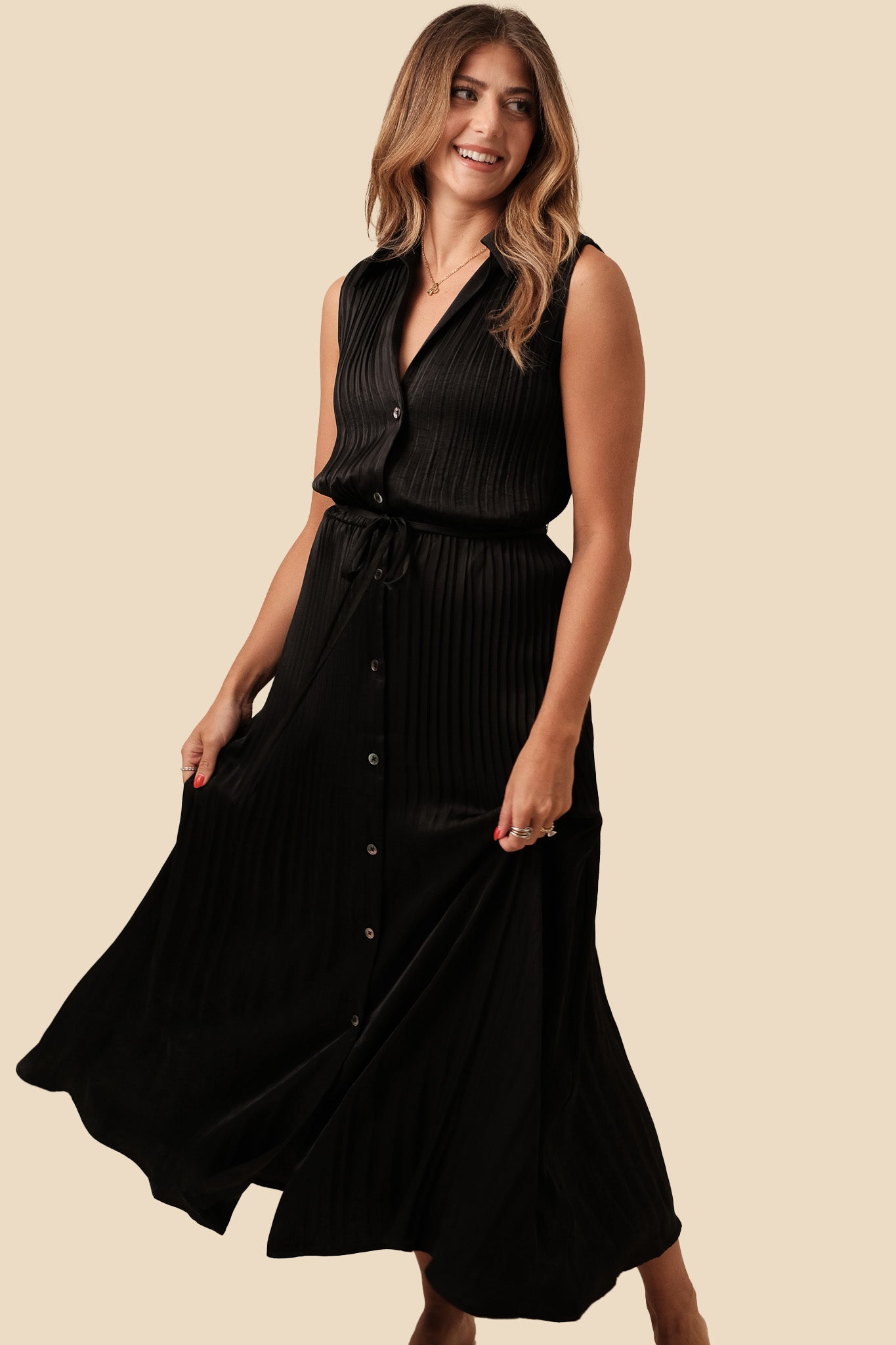 Current Air Vivian Plisse Buttoned Midi Dress (Black)