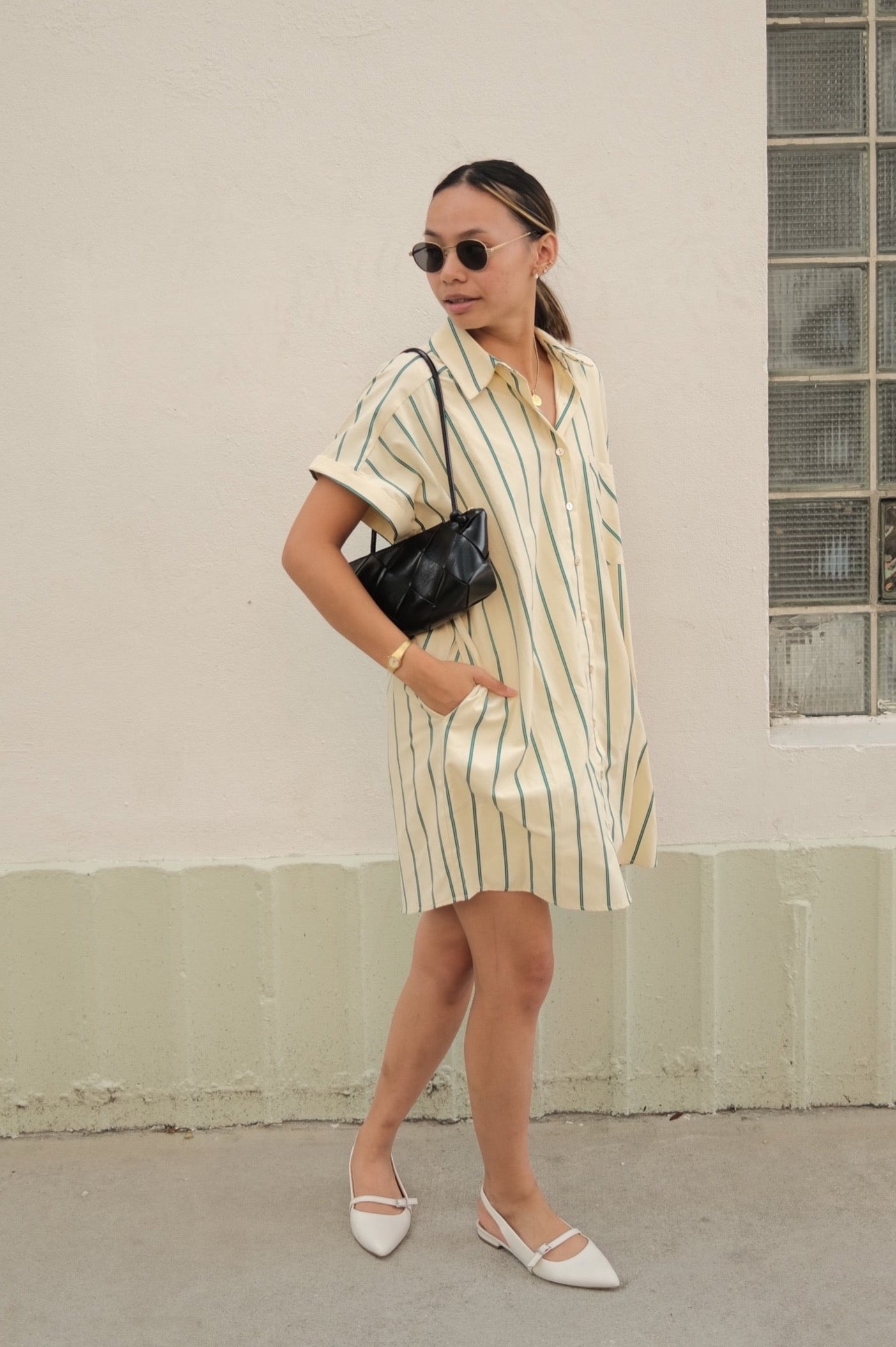 Winter Green Striped Cotton Buttoned Mini Dress