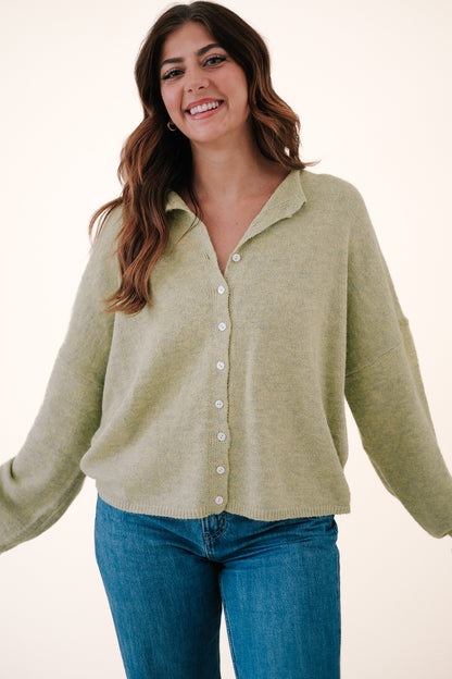 Things Between Virginia Knit Rolled Hem Button Cardigan (Green) L