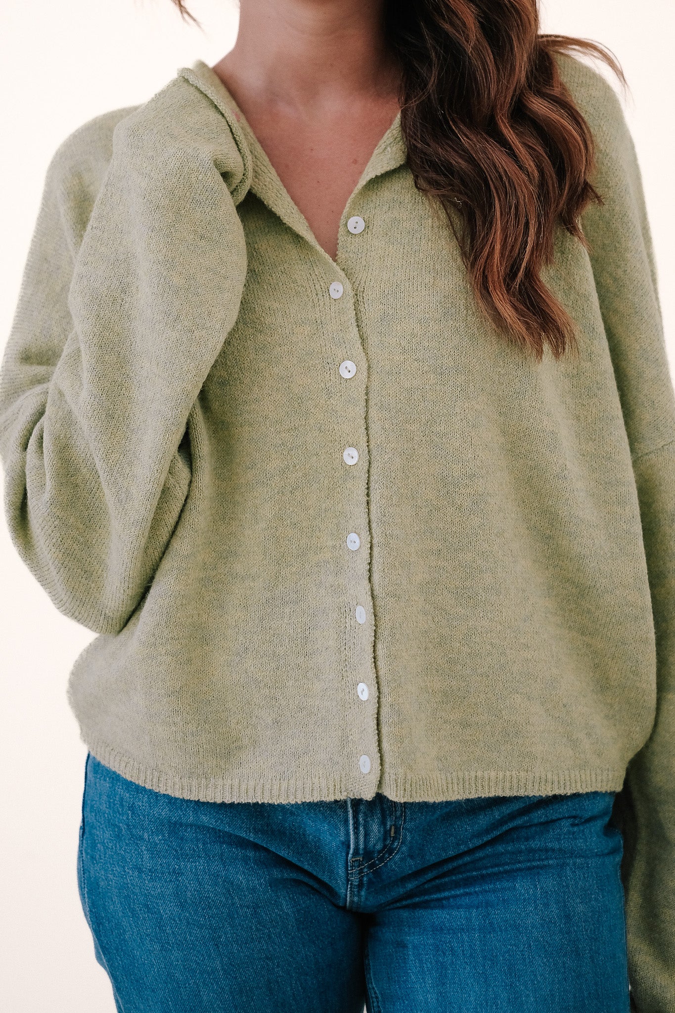 Things Between Virginia Knit Rolled Hem Button Cardigan (Green) L