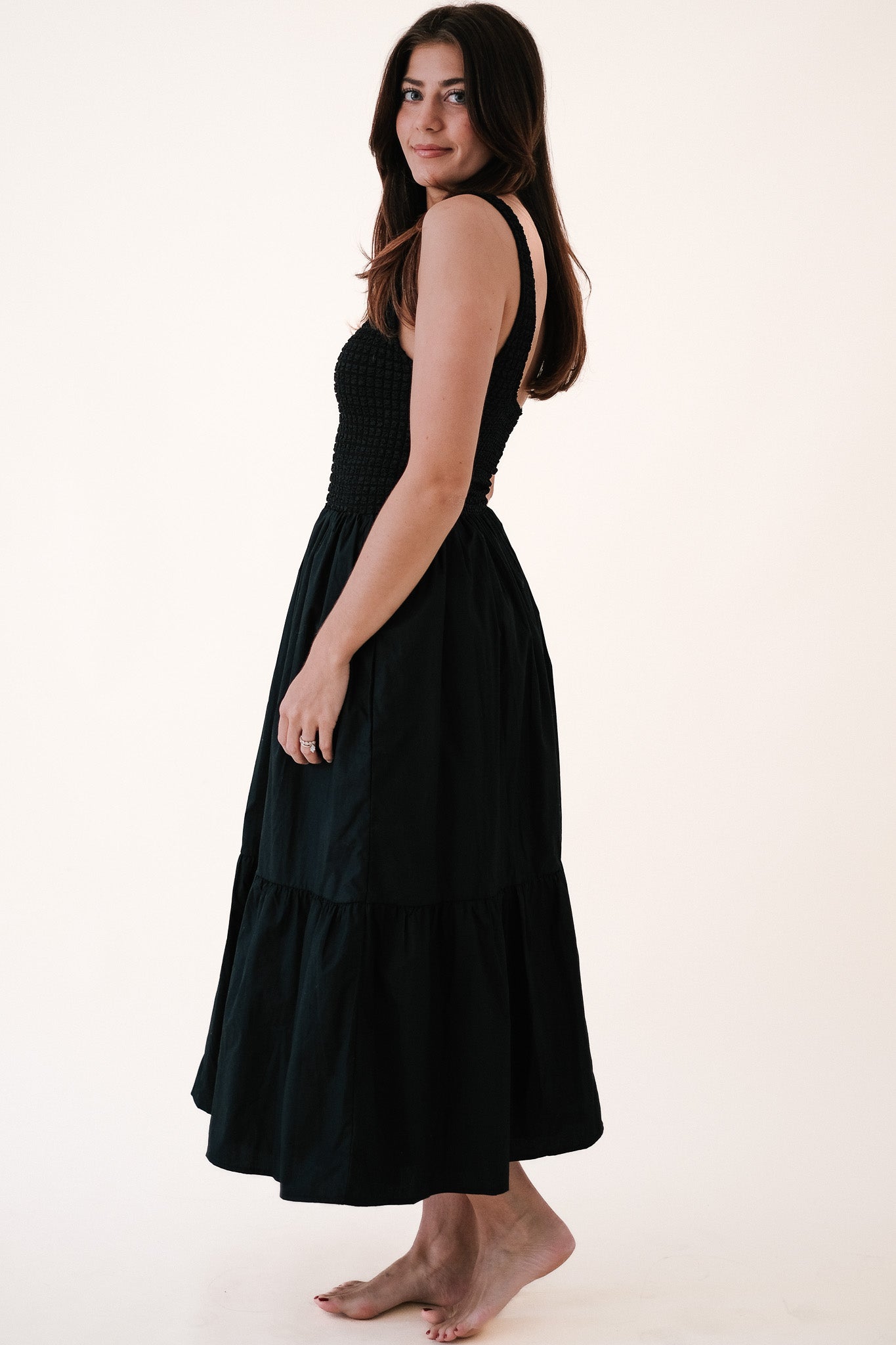 Aureum Paxton Black Smocked Bodice Midi Dress