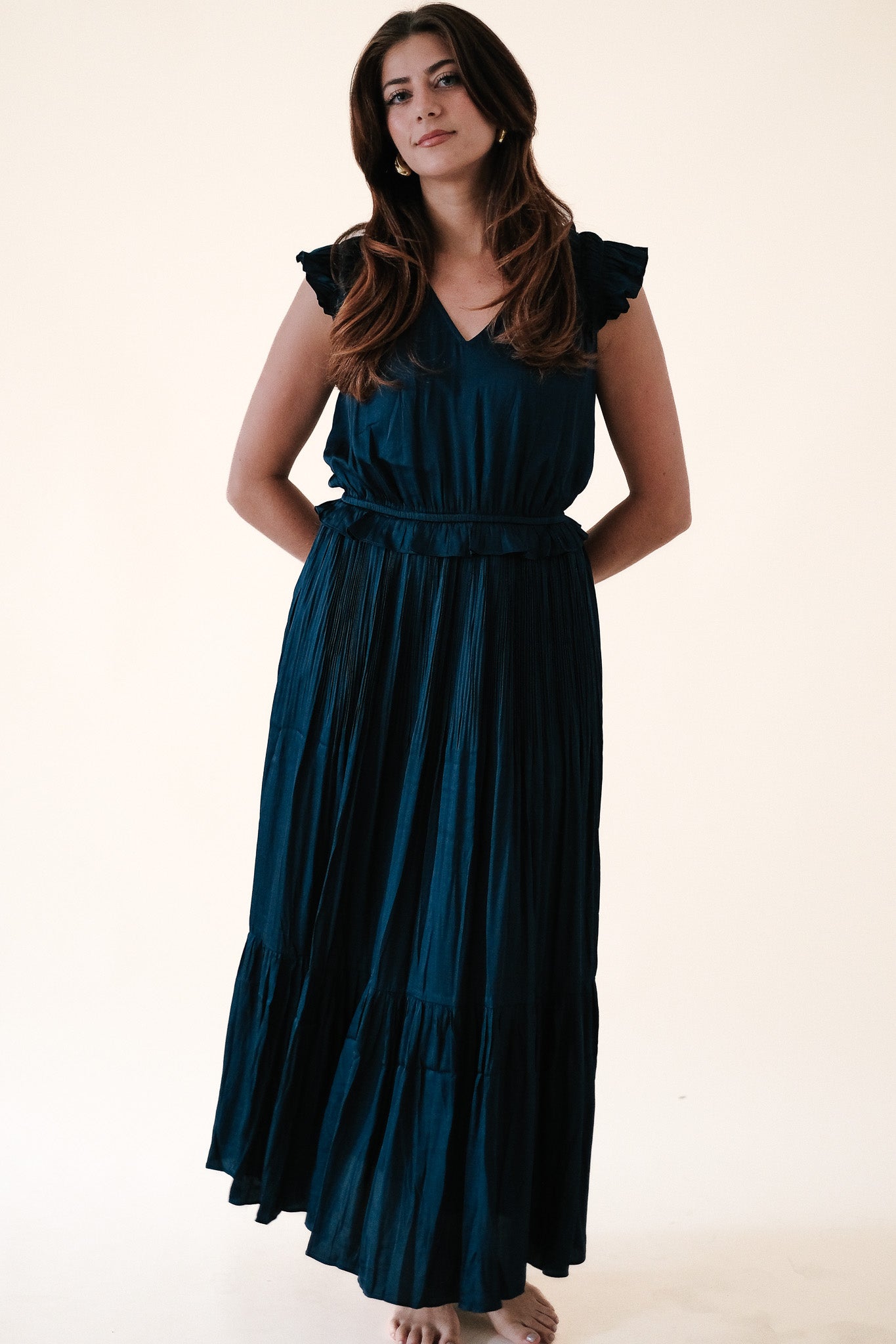 Current Air Ursula Ruffled Flutter Sleeve Midi Dress (Navy)