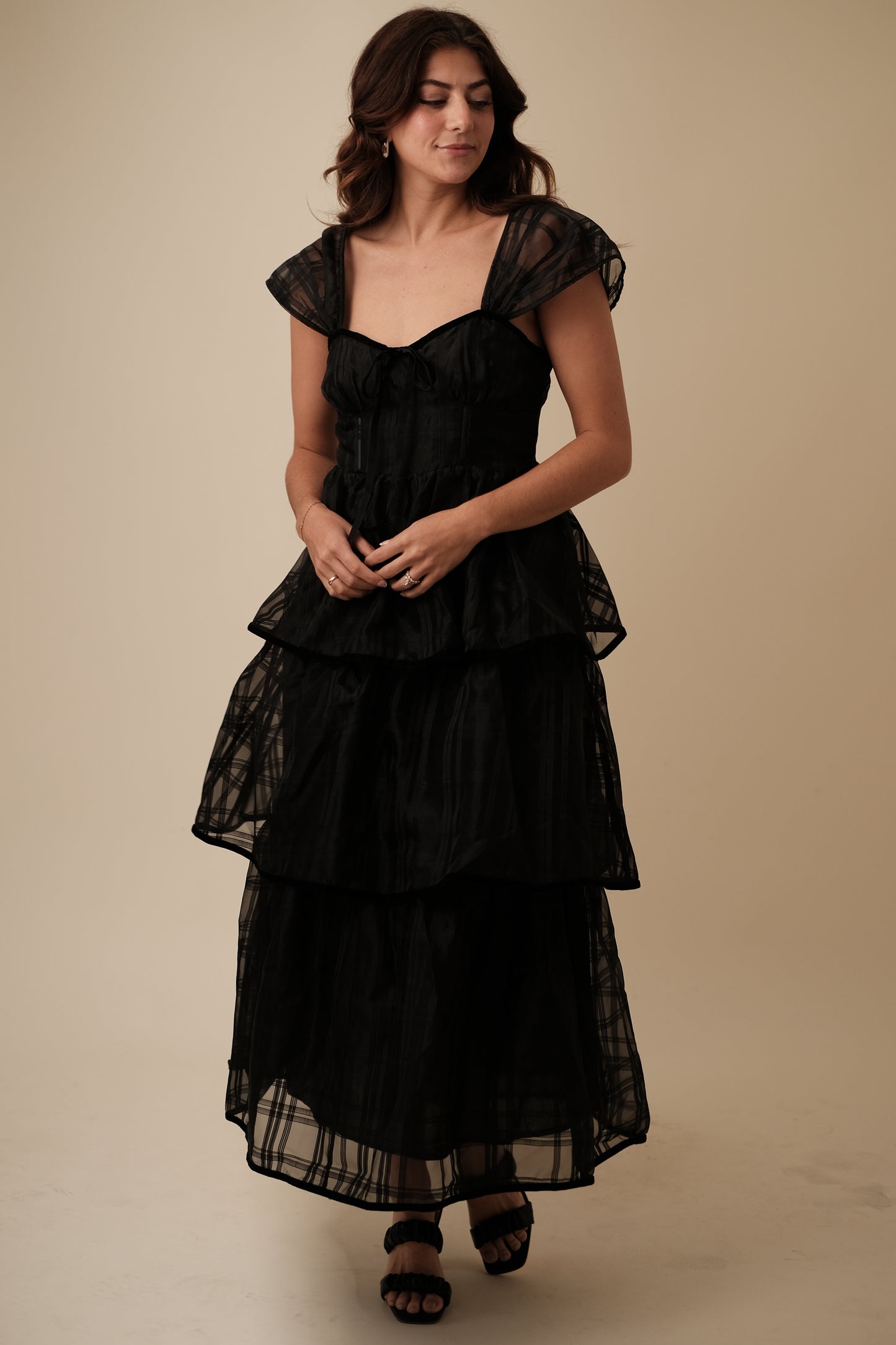 Sofie the Label Ava Black Plaid Chiffon Tiered Maxi Dress