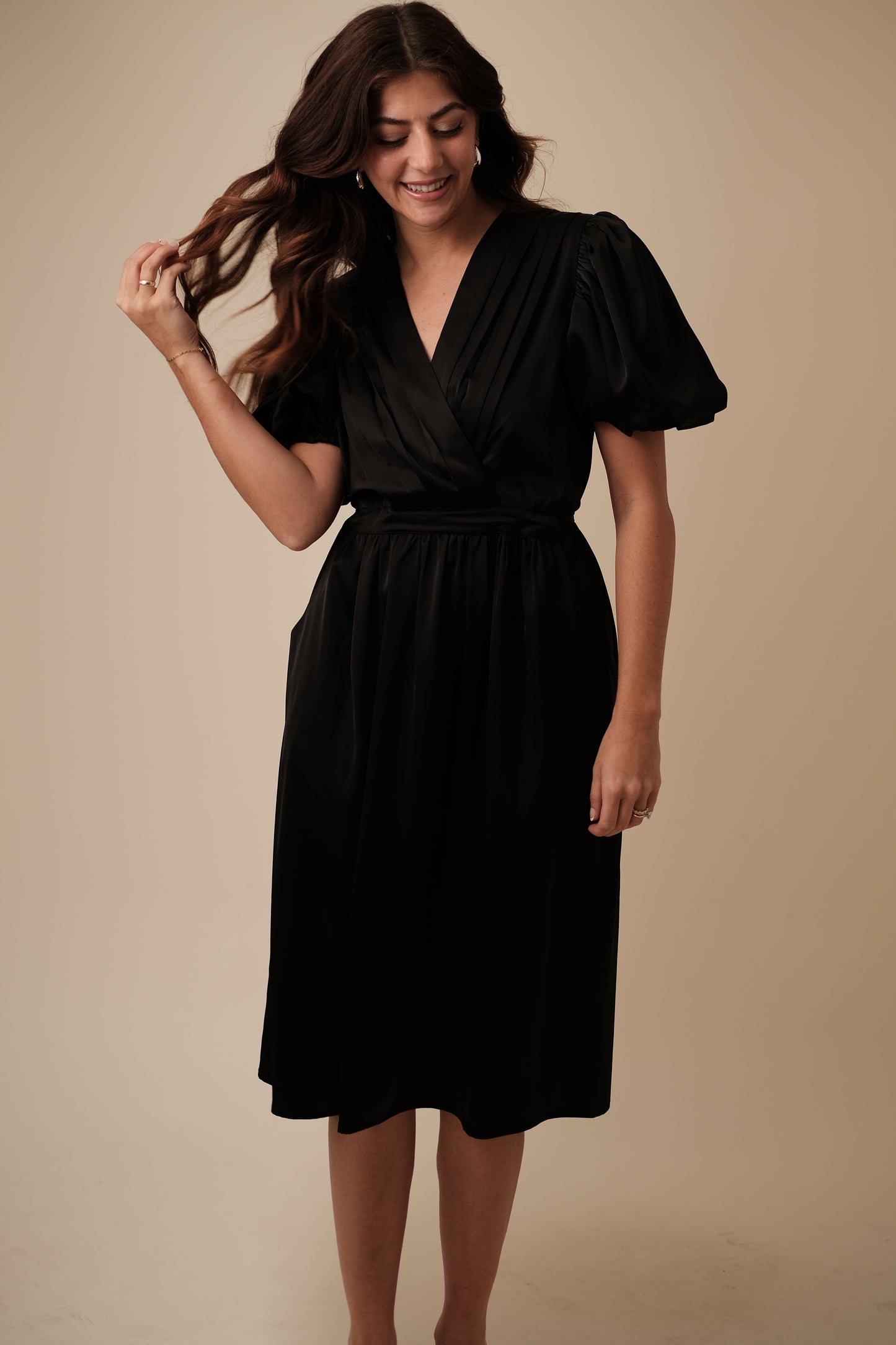 PINCH Ariana Black Cinch Waist Satin Midi Dress