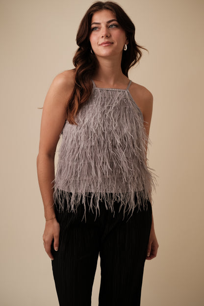 Lucy Paris Amanda Grey Feather Tiered Halter Top