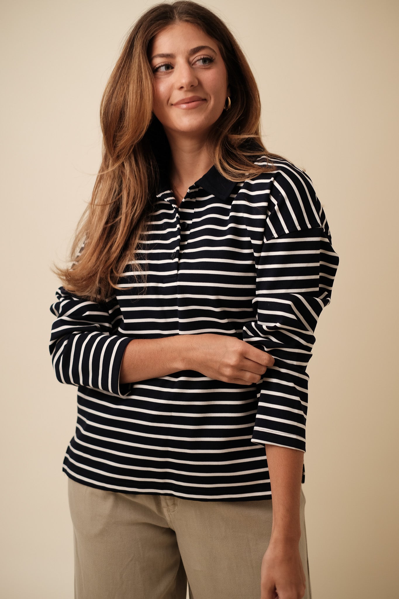 Gale Navy Stripe Collared Long Sleeve Polo Top