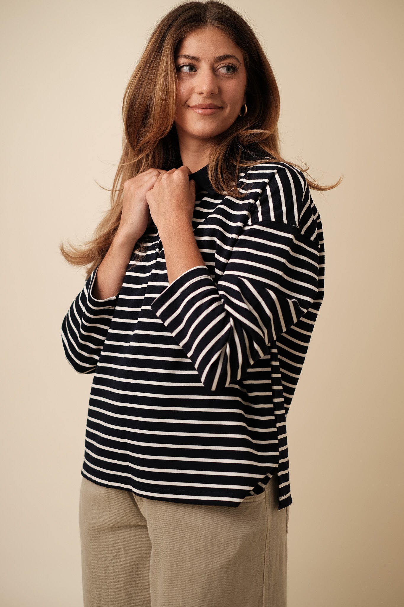 Gale Navy Stripe Collared Long Sleeve Polo Top