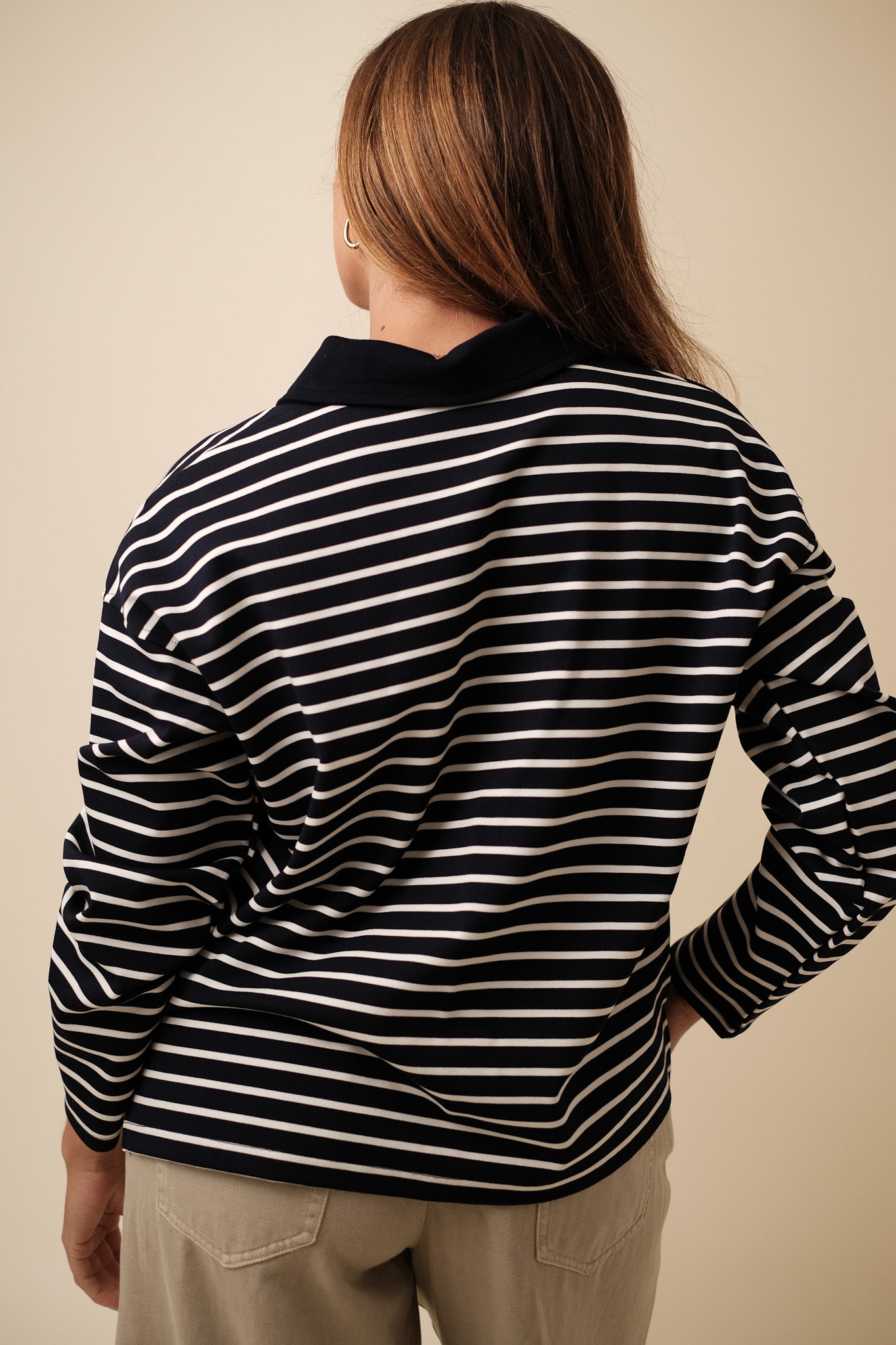 Gale Navy Stripe Collared Long Sleeve Polo Top