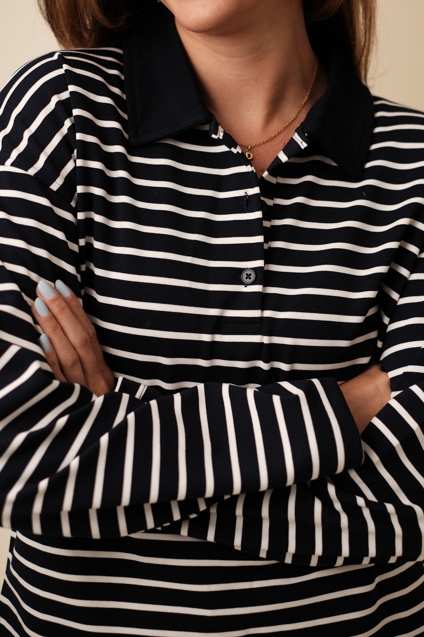 Gale Navy Stripe Collared Long Sleeve Polo Top