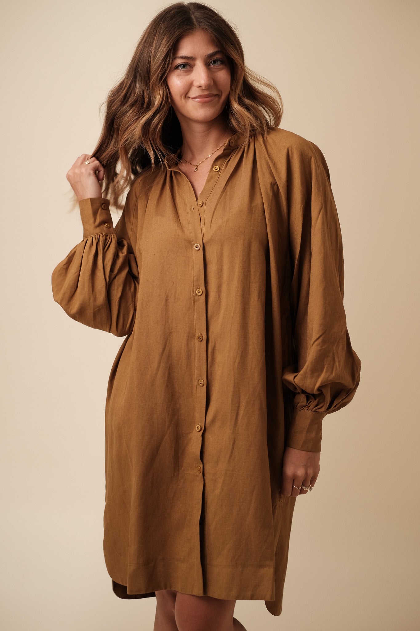 FRNCH Carene Linen Buttoned Mini Dress (Brown)