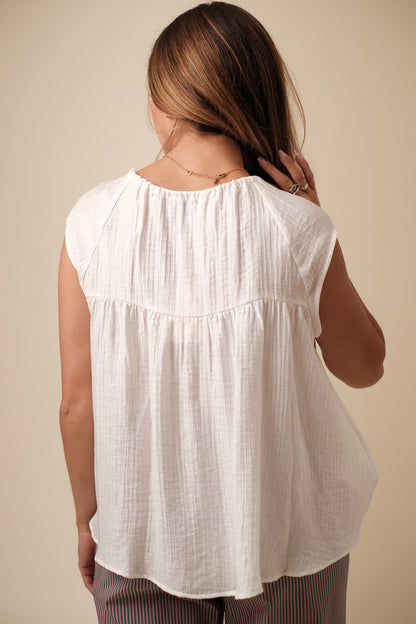 FRNCH Solenne White Tie Neck Crinkle Top