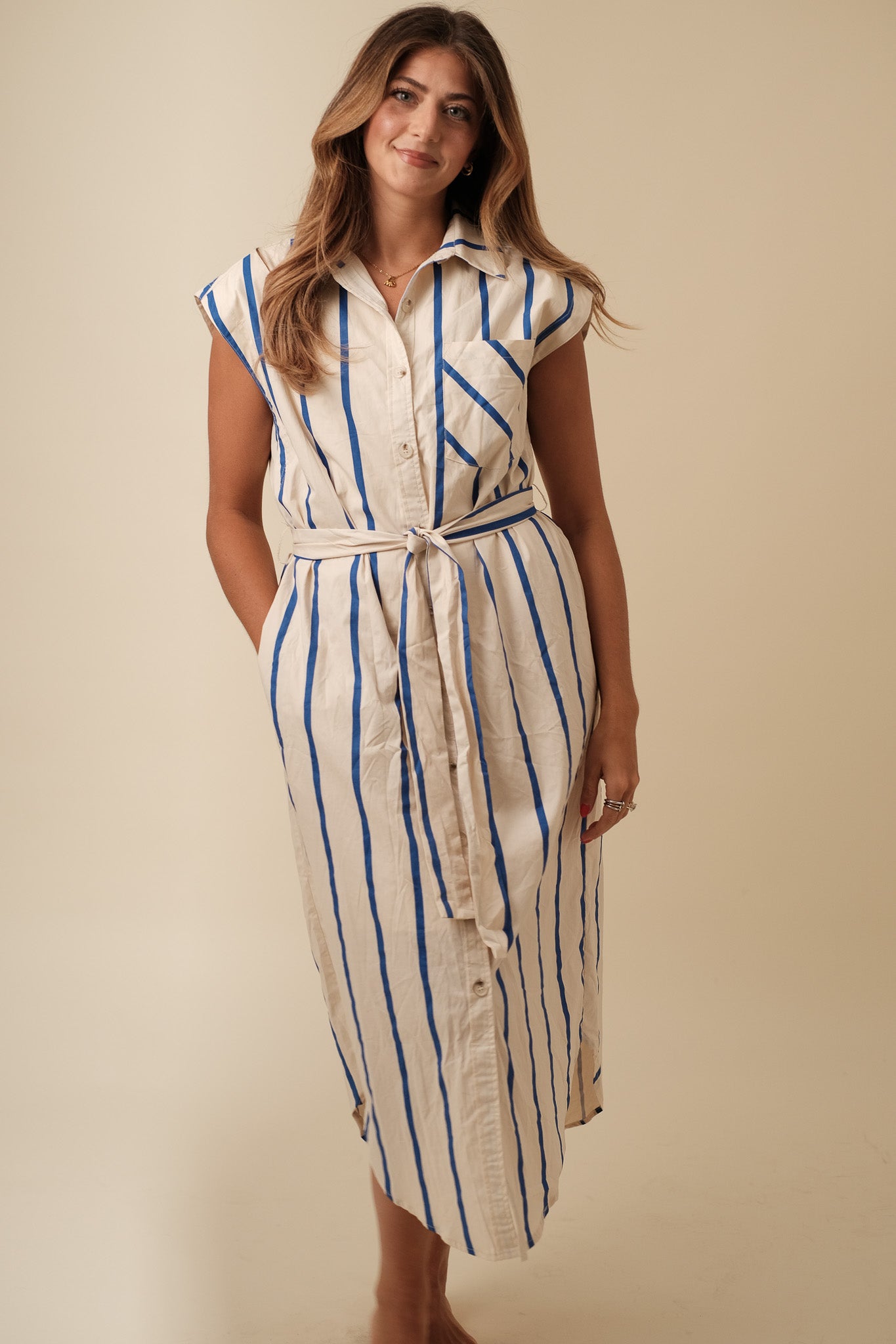 Thalia Blue Striped Button Collar Midi Dress