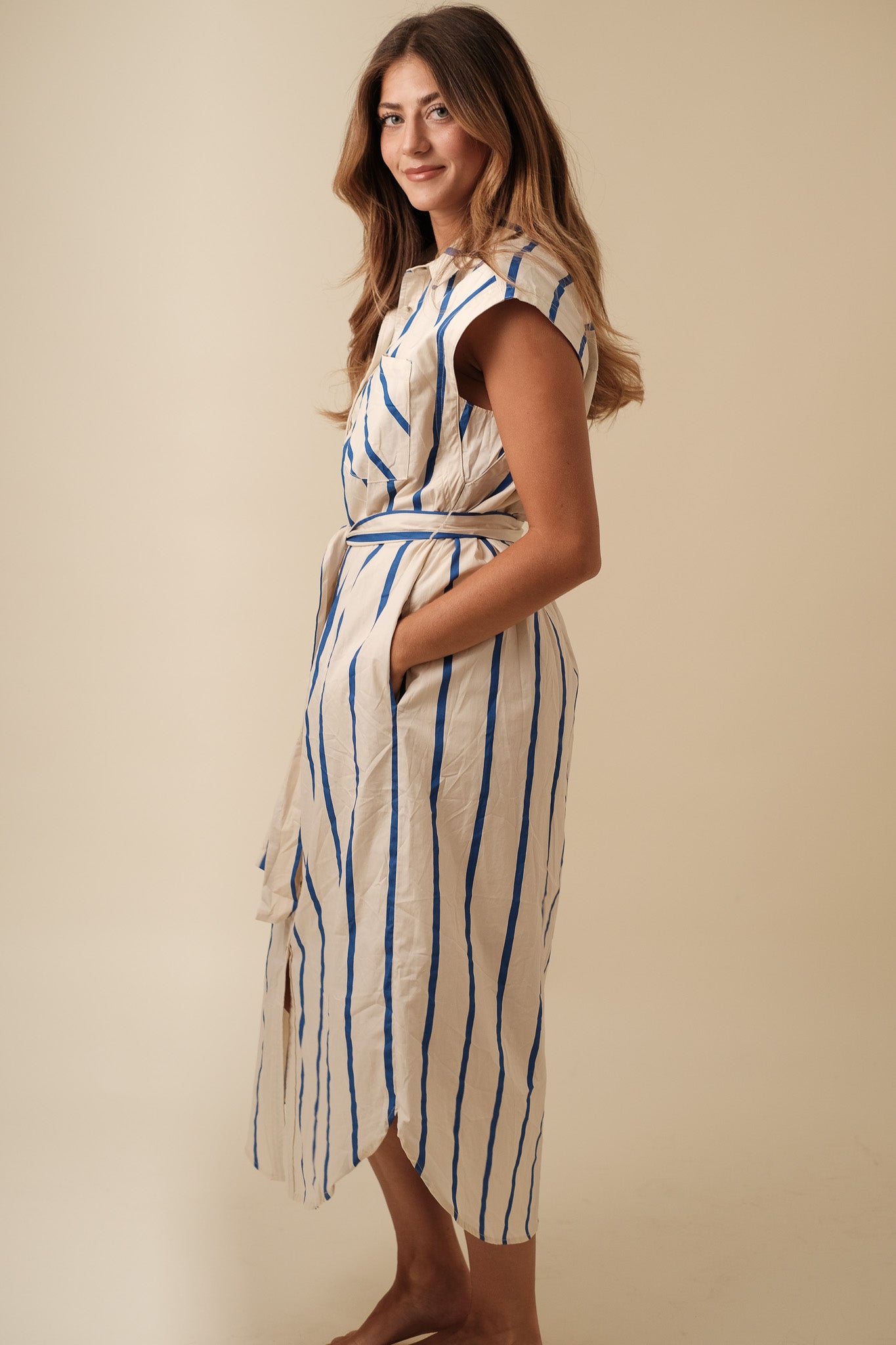 Thalia Blue Striped Button Collar Midi Dress