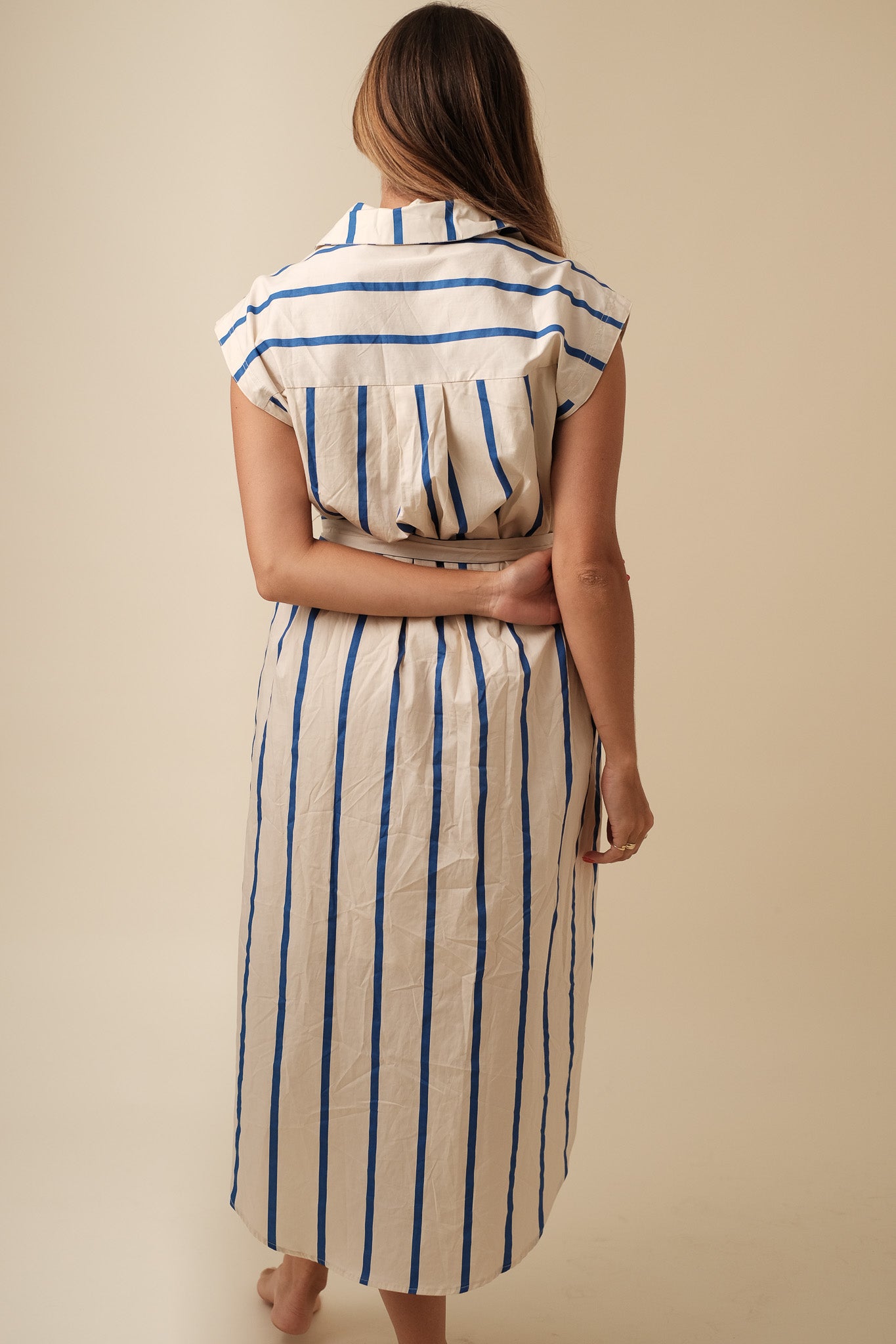 Thalia Blue Striped Button Collar Midi Dress